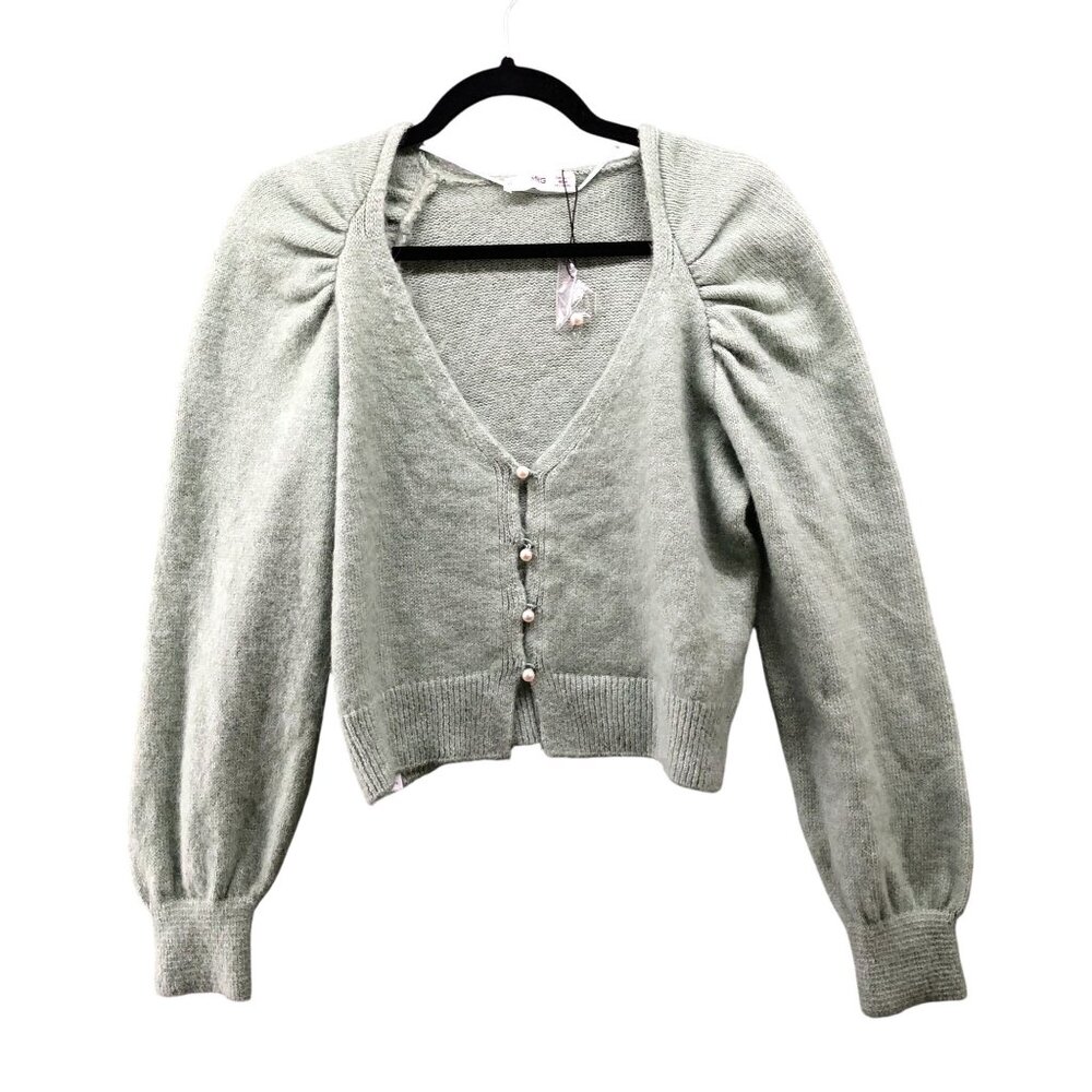 MNG Mango Puff Sleeve Cardigan Womens M Sage Green Pearl Button V-Neck Soft‎